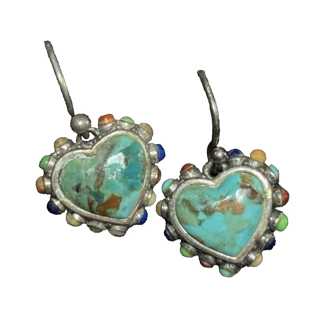 Barse 925 Sterling Turquoise Heart Dangle Earrings With Multi Gemstone Accent 1" - Picture 3 of 10